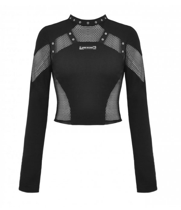 Crop Top Punk Découpes Résilles Noires Manches Longues