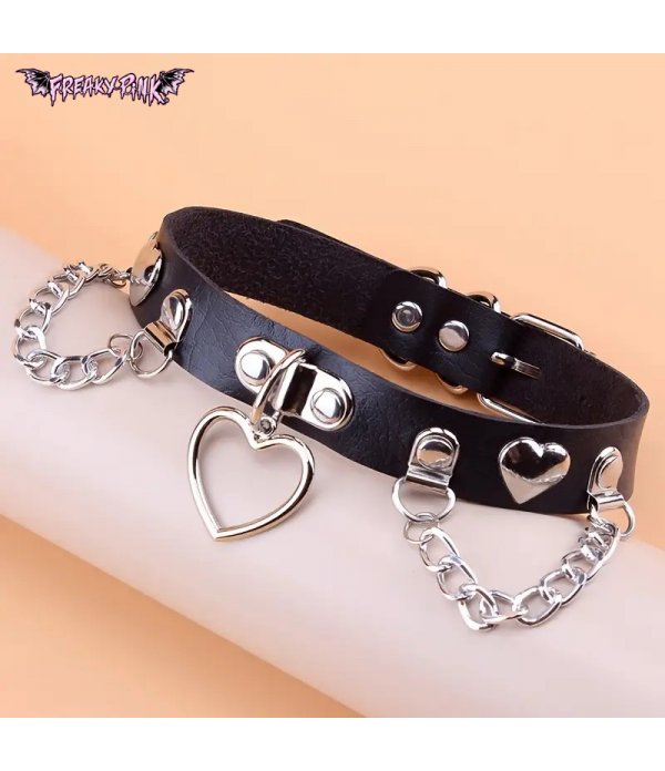 Choker Pendentif Coeur, Rivets Coeurs Et Chaines