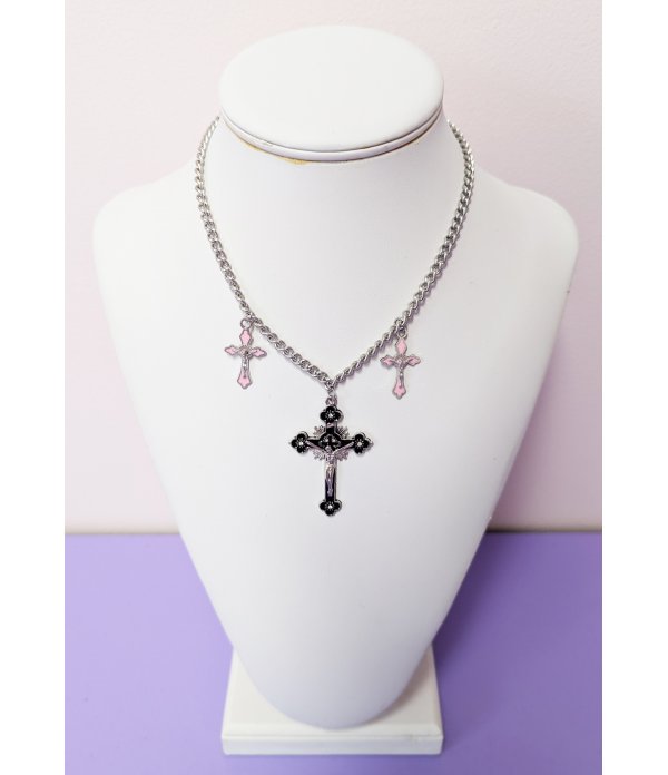 Collier Croix Noir Rose